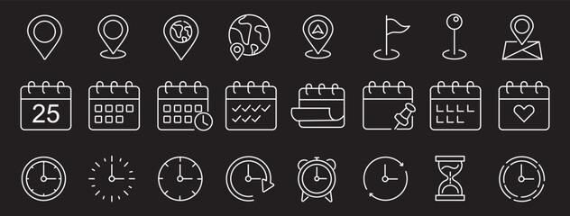 Time, date and location editable stroke outline icons set. Address line icons and navigation outline icons set. isolated on white background.