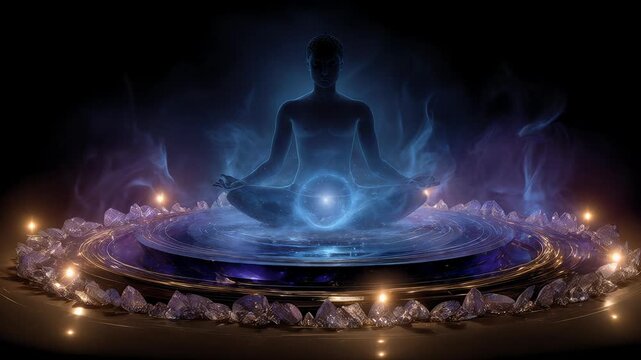 Mystical Meditator Channeling Cosmic Energy in Sacred Crystal Circle