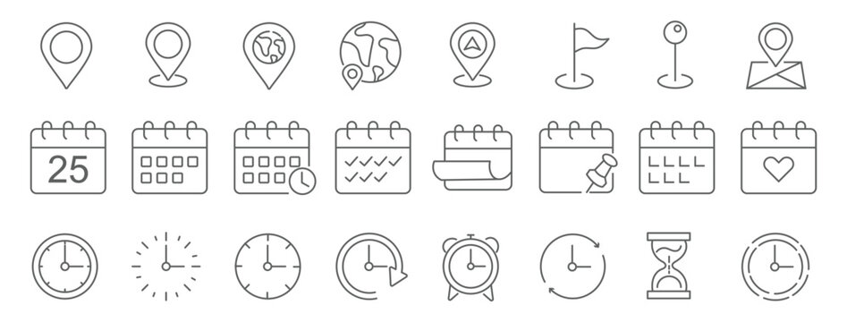 Time, date and location editable stroke outline icons set. Address line icons and navigation outline icons set. isolated on white background.
