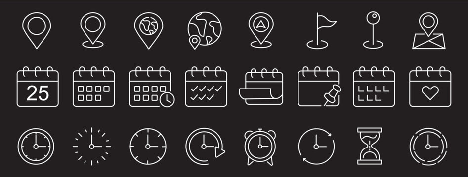 Time, date and location editable stroke outline icons set. Address line icons and navigation outline icons set. isolated on white background.