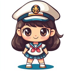 Adorable chibi style cartoon of a cute sailor worker wearing a classic maritime uniform with a captain s hat against a simple white background  This playful minimalist graphic can be used as an icon