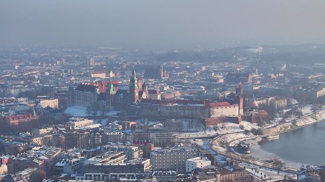 View of Krakow with Wawel Castle and Vistula River from above