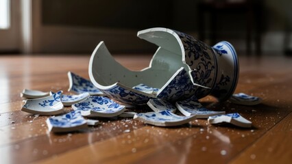 Shattered blue-and-white porcelain vase on wooden floor, shards scattered