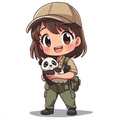 Cute Chibi style Zookeeper or Animal Caretaker Character Holding and Embracing a Adorable Baby Panda Bear in a Kawaii Cartoon with Isolated White Background