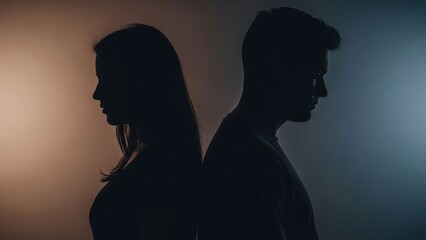 Silhouetted figures, backs to each other, illuminated by colored light