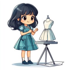 A charming chibi style character  likely a young fashion designer  is intently sketching a couture dress design on a mannequin setup in a minimalist  white background studio setting