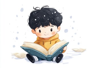 A charming chibi style character deeply immersed in reading a book surrounded by a peaceful cozy atmosphere on a plain white background  This depicts a child s imaginative and educational pursuit