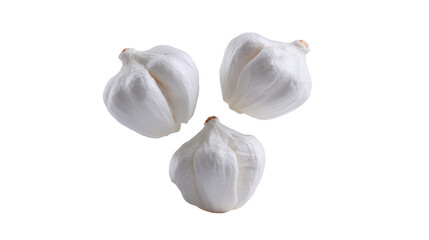 Three whole garlic bulbs isolated on transparency background, fresh and organic, showing natural texture and clean surface, perfect for cooking, seasoning, and healthy food concepts