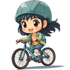 Cute and energetic chibi character riding a bicycle in a kawaii outdoor scene with a white background  The character is in a dynamic