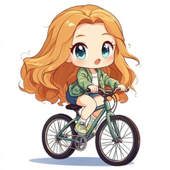 Energetic and Cheerful Chibi Character Riding a Bicycle in Vibrant Kawaii Style Outdoor Scene on Isolated White Background
