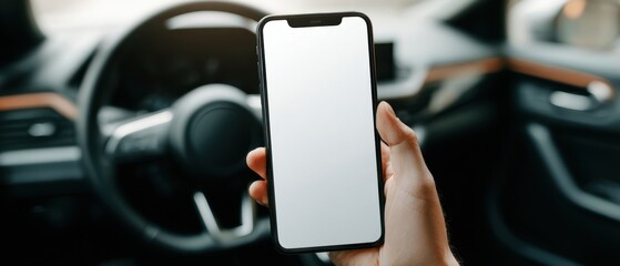 The Smartphone Held in a Car with Blank Screen for App Mockup