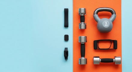 Fitness Gear Array: A structured arrangement of fitness essentials, including dumbbells, a kettlebell, and a fitness tracker, laid out on a vibrant.