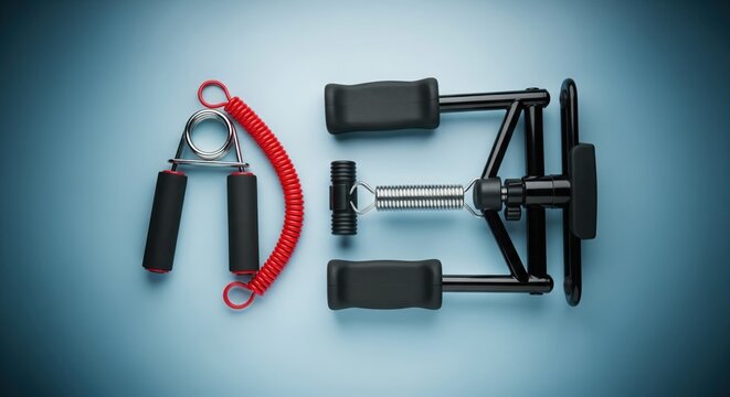 Strength Tools Display: A collection of exercise apparatuses designed to enhance hand and arm strength, arranged neatly against a vibrant backdrop, promoting fitness and physical well-being.
