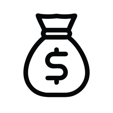 Minimalist money bag with dollar sign icon, black on white background vector illustration