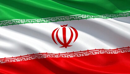 Iranian flag with green, white, and red horizontal bands, central emblem and Kufic script detailing.
