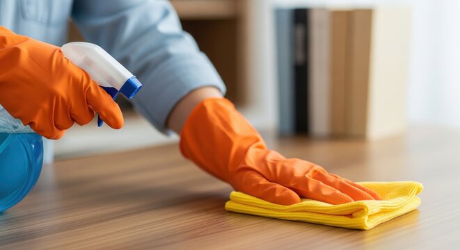 Cleaning the Table: A person is wearing orange rubber gloves wipes down a wooden table with a yellow cloth, alongside a bottle of cleaning spray. It is a scene of cleanliness and sanitation