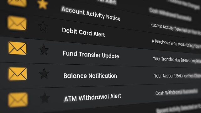 Email inbox view with unread emails about credit card payments, fund transfer updates in 4k video