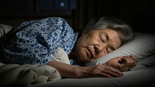 暗い室内で静かに眠る高齢女性のクローズアップ