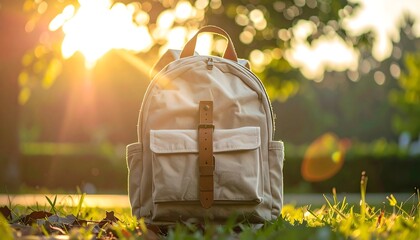 Eco fabric school backpack with subtle wrinkles in natural daylight, sustainable education concept highlighting eco friendly materials, modern design, and clean lifestyle appeal.