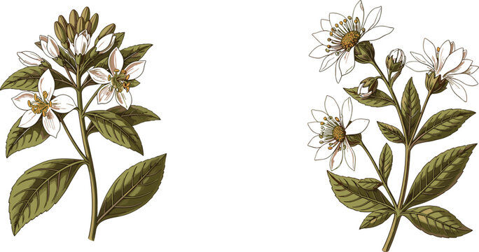 Hand-drawn botanical illustration of two flowering plants with green leaves and white blossoms for nature design and study