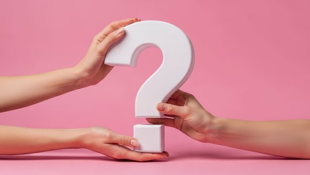 Two hands hold a white, 3D question mark against a pink background