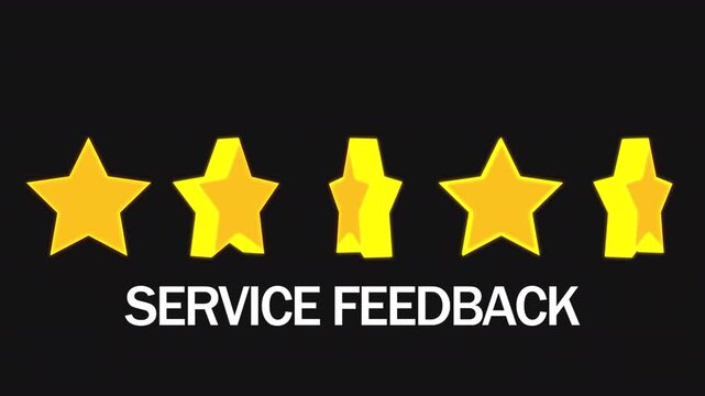 Five shining yellow stars symbolizing service feedback , perfect for feedback related concepts, ratings, recommendations, and positive evaluations for businesses. in transparent background in 4K anima