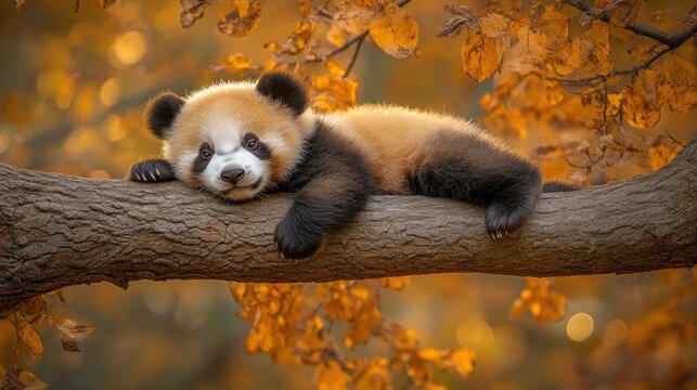 Panda cub rests on autumn branch