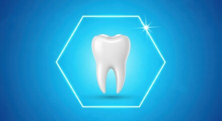 Healthy Tooth Icon: A pristine, radiant tooth, showcased within a protective hexagon, embodies dental health and hygiene on a vibrant blue backdrop.