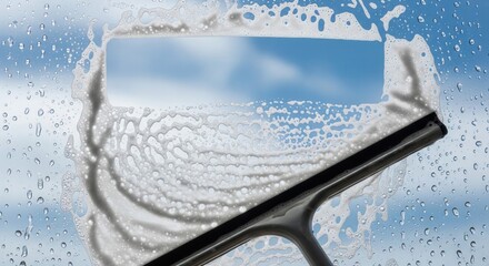 Fototapeta premium Window Cleaning Clarity: A close-up shot of a window being cleaned with a squeegee, showcasing the process of removing soap and water to reveal a clear view of the sky and the clouds