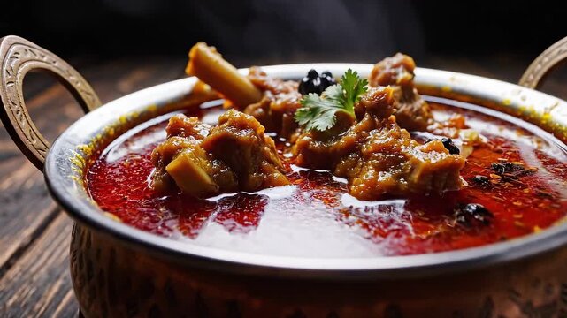 A delicious video of chicken curry in a copper pot on a wooden table