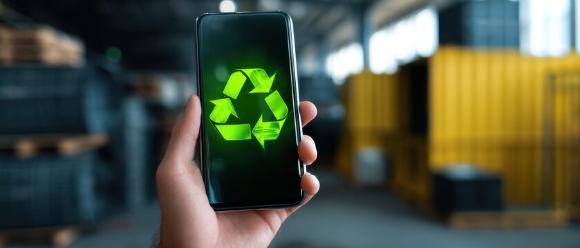 The Smartphone with Glowing Recycling Icon in Industrial Warehouse Environment - Powered by Adobe