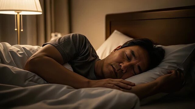 暗い寝室で熟睡できず、疲れを感じながら眠るミドル世代の男性