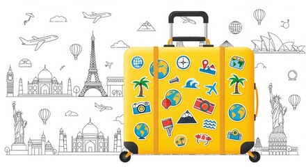 Yellow Suitcase: Packed with vibrant travel stickers, a sunny yellow suitcase promises adventure amidst famous global landmarks, symbolizing wanderlust and exciting journeys.