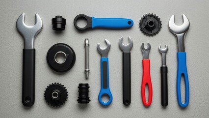 Various shiny metal and colored tools, arranged neatly on a surface