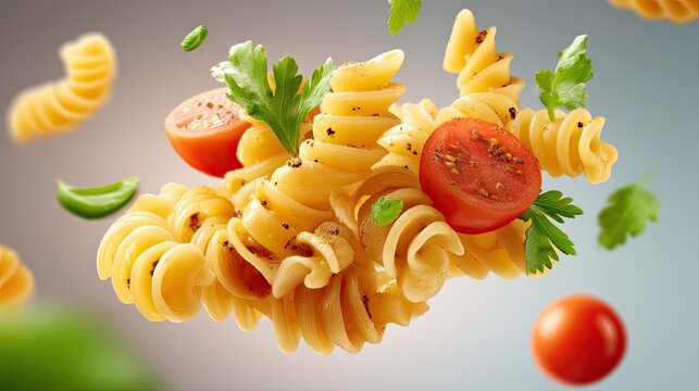 Fresh Rotini Pasta with Tomatoes and Herbs in a Dynamic Culinary Composition, Isolated on a Soft Color Background