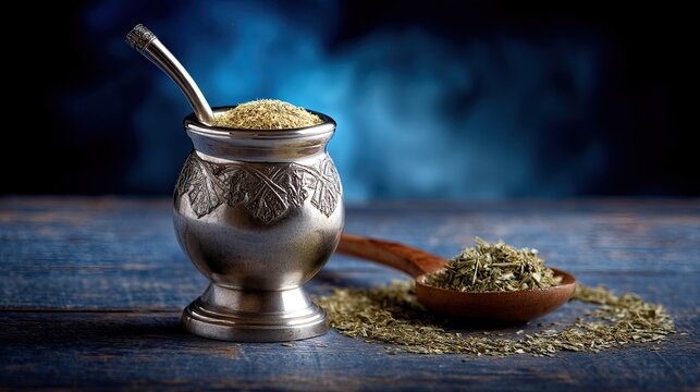 Traditional metal mate gourd with bombilla and yerba mate displayed on rustic wooden table against a blue smoky background