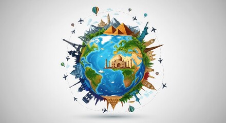 Global Destinations: A vivid illustration depicts the Earth encircled by renowned landmarks and travel symbols, representing the allure of worldwide exploration and adventure.