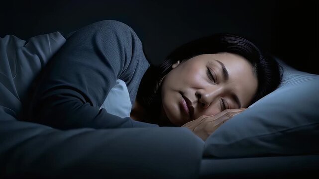 深い眠りの中で安らかな表情を見せるグレーのパジャマを着た大人の女性