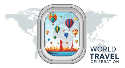 World Travel Celebration: Colorful hot air balloons soar above iconic landmarks, as seen through an airplane window, symbolizing the joy and freedom of global exploration and adventure.