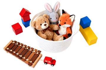 Assortment of Children's Toys in White Basket