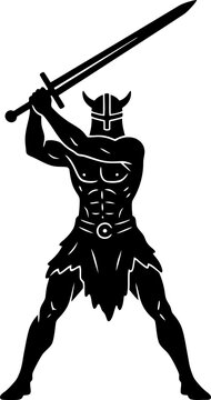 Silhouette of a powerful Viking warrior with a horned helmet and sword, an aggressive pose ready for battle, a symbol for strength and history. Vector illustration