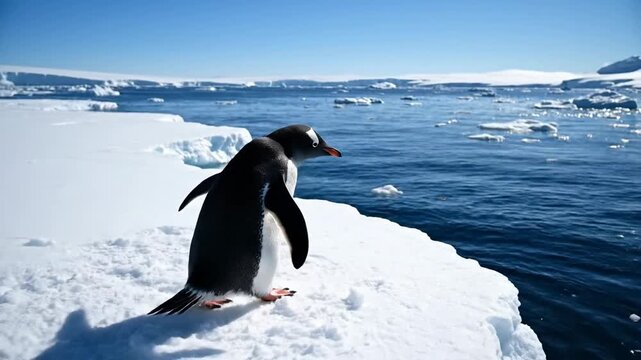 Curious penguin waddles across icy landscape near ocean
