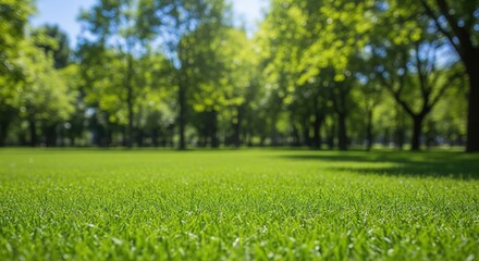 Green expanse in Park: A lush, verdant lawn stretches out beneath a canopy of vibrant green trees, the scene illuminated by the gentle embrace of sunlight.
