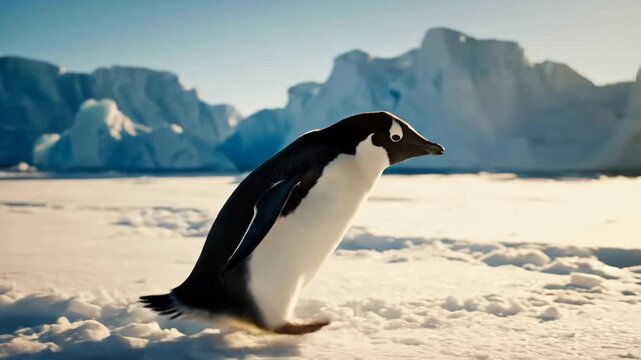 Curious penguin waddles across icy tundra