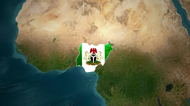 Nigeria flag superimposed on a satellite view of the country's landscape