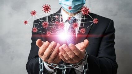 Chained businessman in a medical mask holds a glowing network of connected virus particles, symbolizing pandemic challenges.