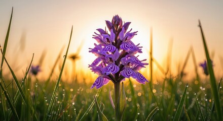 Purple Orchid in Morning Light: A solitary purple orchid stands tall amidst a field of green, kissed by the soft glow of the morning sun, capturing nature's quiet elegance.