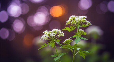 Wildflower Beauty in Bokeh Bliss: Delicate wildflowers, their pristine white blooms standing out, amidst a soft, dreamy bokeh background of blended colors.