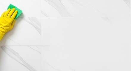 Cleanliness: A gloved hand, holding a vibrant green sponge, meticulously cleans a pristine surface, emphasizing the purity and fresh feel.