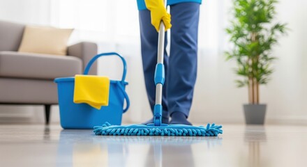 House Cleaning Routine: A cleaning person, in gloves and workwear, meticulously mops the shiny floor of a modern living room, with a cleaning bucket, cloth, and a touch of the green plant.